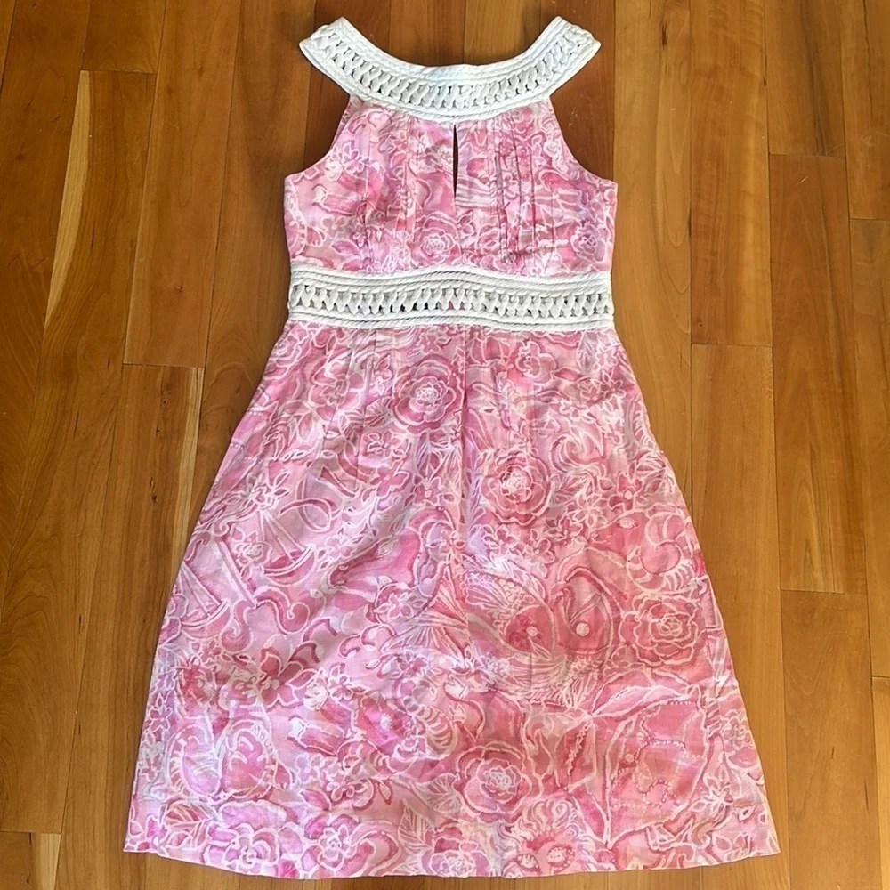 Lilly Pulitzer vintage 100% linen dress what’s your sign sundress pink white